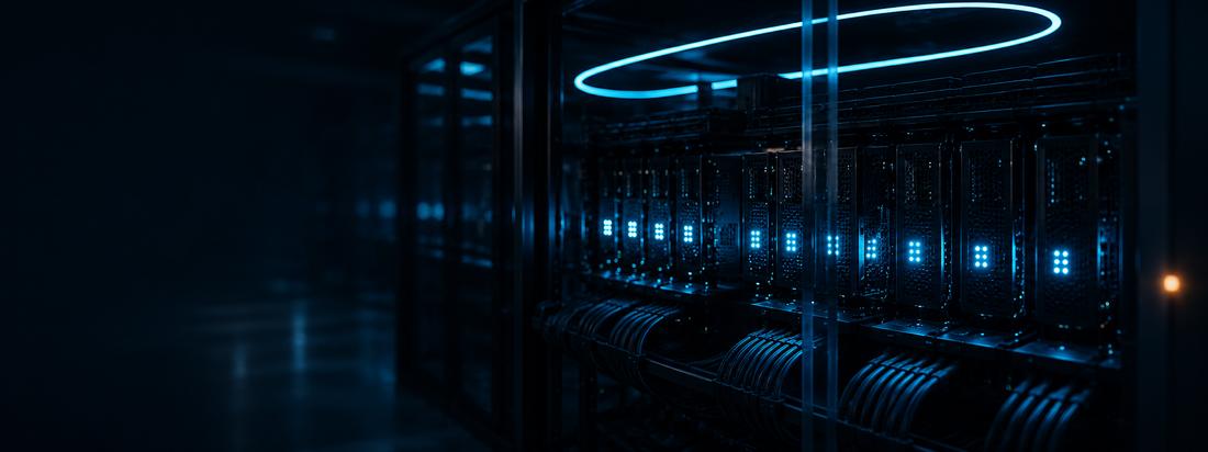 Server-Rack mit GPU-Karten und blauen Status-LEDs in einem dunklen Rechenzentrum