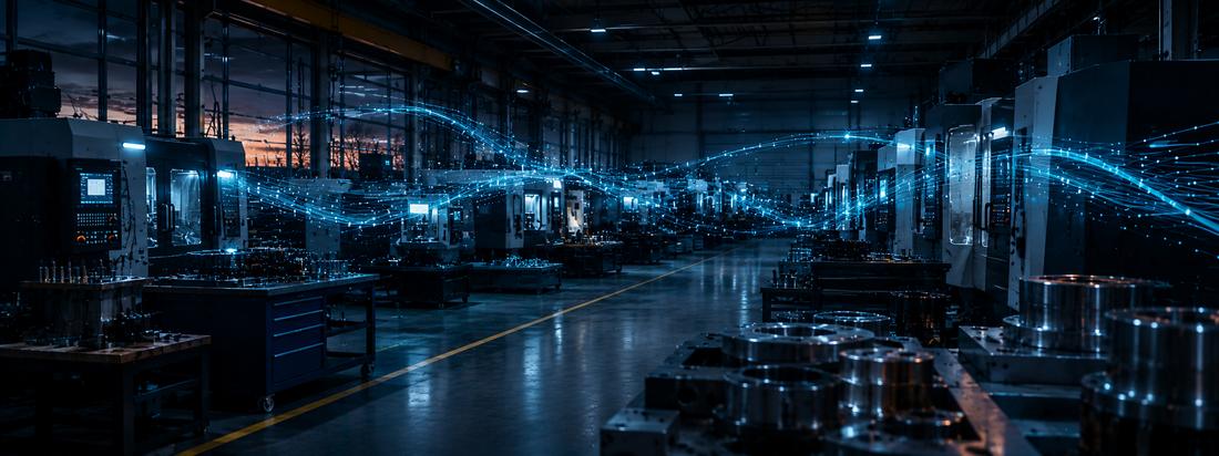 Weite Fertigungshalle bei Nacht, blaue Datenstr&ouml;me ziehen sich durch die Maschinenreihen