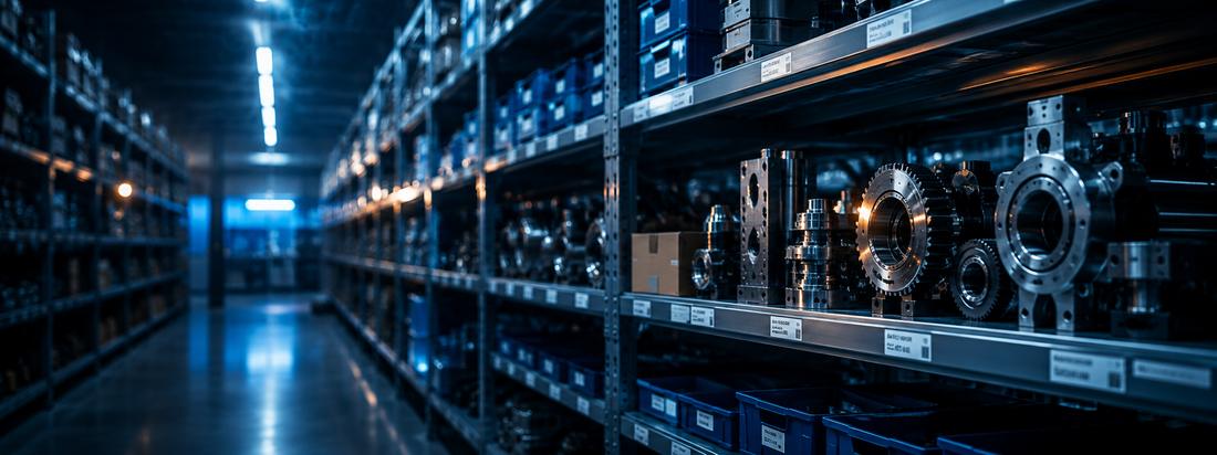 Lagerregale mit technischen Bauteilen und Zahnr&auml;dern, blau ausgeleuchteter Gang