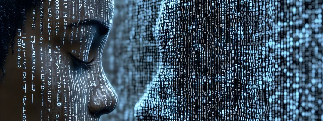 Menschliches Profil, überlagert von Datenströmen und Code – Sinnbild für Eingaben, die eine KI beeinflussen können