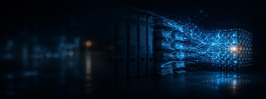 Aktenordner l&ouml;sen sich in Lichtpartikel auf und ordnen sich zu einem strukturierten Datenw&uuml;rfel